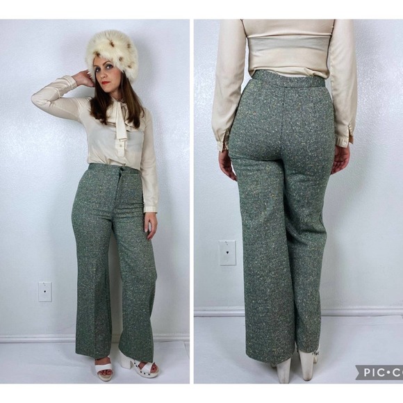 vintage 70s Green TWEED SPECKLED TROUSERS 26 wide leg trousers flares bellbottom - Picture 7 of 10
